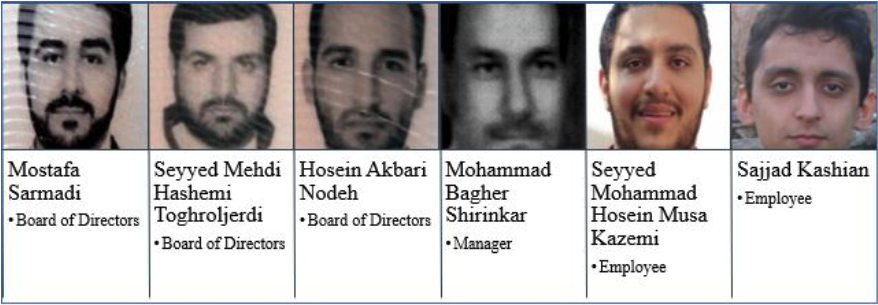 Photos of six people with their names and roles: Mostafa Sarmadi, Seyyed Mehdi Hashemi Toghroljerdi and Hosein Akbari Nodeh, board of directors; Mohammad Bagher Shirinkar, manager; Seyyed Mohammad Hosein Musa Kazemi and Sajjad Kashian, employees