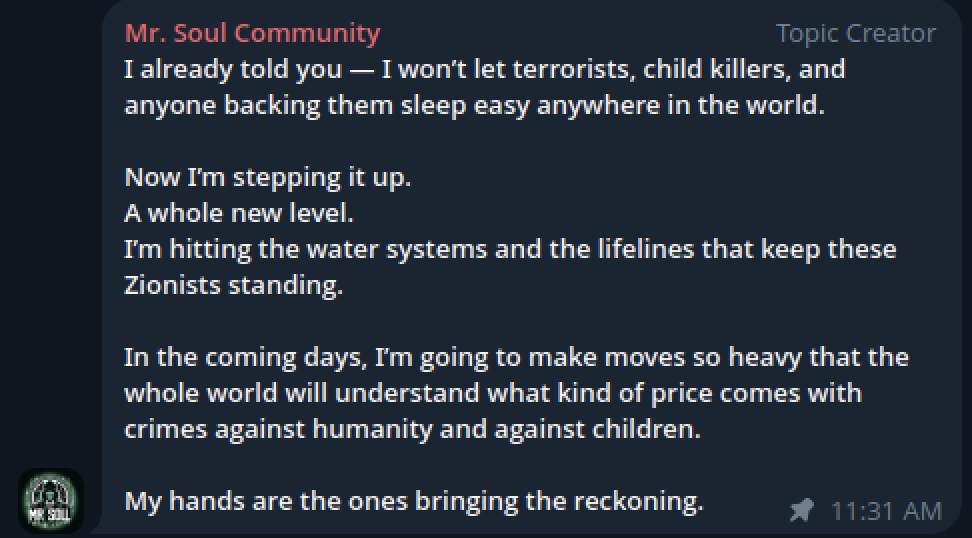 A Mr. Soul Community Telegram post announcing attacks on “the water systems and the lifelines”