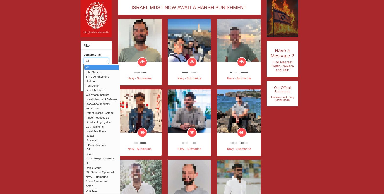 The RedWanted site: pixelated photos of people labeled “Navy - Submarine”, a filter listing Israeli defense organizations, and a panel reading “Find Nearest Traffic Camera and Talk”