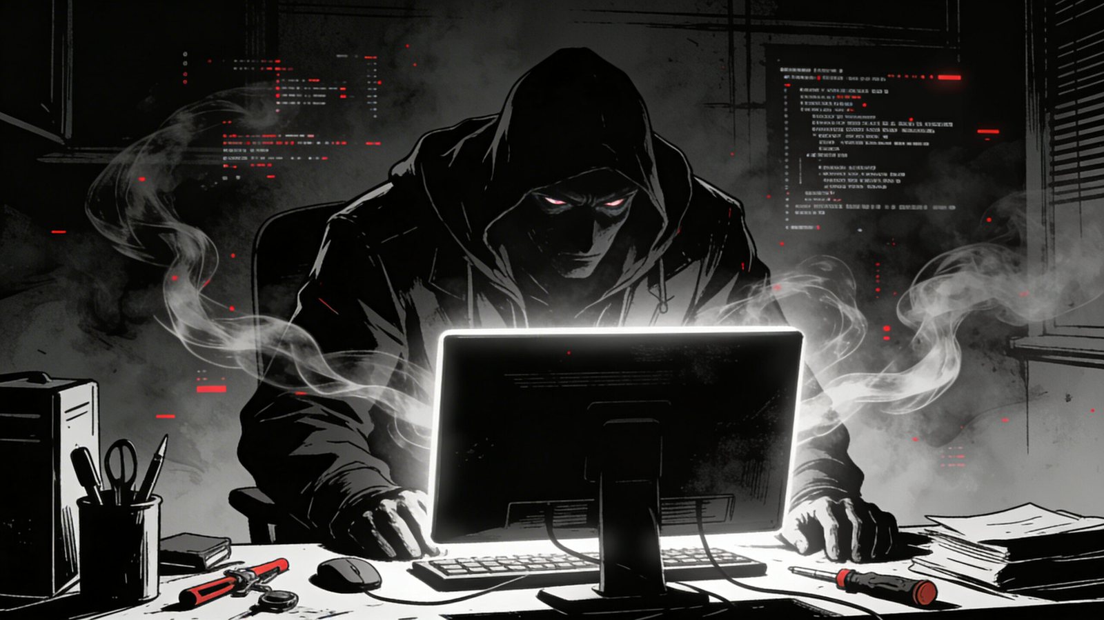 Illustration of a hooded figure with glowing eyes hunched over a computer in a dark room